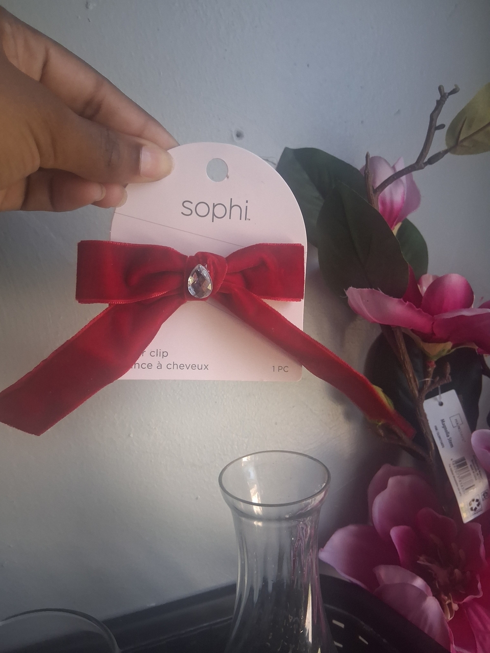 Red Bow Hair Clip with Jewel Accent